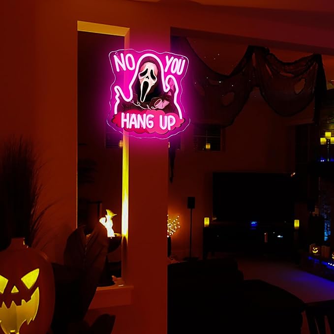 Symone No You Hang Up Halloween Ghostface Mask Neon Sign, Halloween Skull Neon Light USB Powered, for Halloween Party Spooky Decor Neon Horror Decor Horror Movie Sign Halloween Gifts(11.8 * 11.6 In)