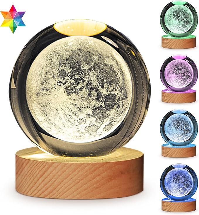3D Solar System Crystal Ball Lamp, Large Galaxy Night Light With 7 Color Change, Space Bedroom Decor, Christmas and Birthday Gift for Kids, Boys, Girls (Moon)