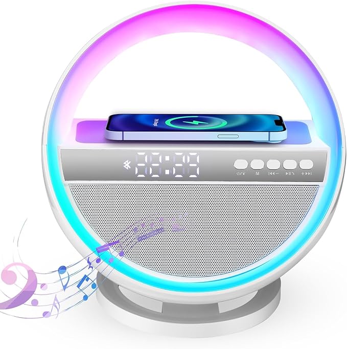 Mood Lamp with Up to 15W Wireless Charger, 6 in 1 Smart Alarm Clock, Bluetooth Speaker, LED Table Lamp with 12 RGB Colors, Bedside Nightstand Lamp, Modern Desk Lamp Gift - G5