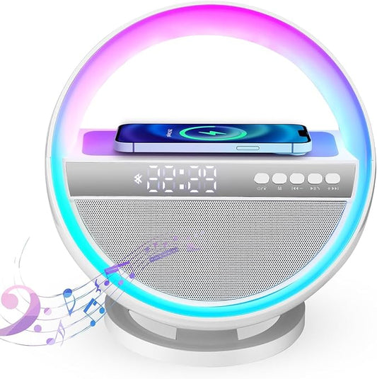 Mood Lamp with Up to 15W Wireless Charger, 6 in 1 Smart Alarm Clock, Bluetooth Speaker, LED Table Lamp with 12 RGB Colors, Bedside Nightstand Lamp, Modern Desk Lamp Gift - G5