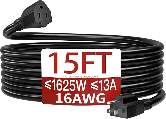 16/3 13A 125V 1625W 15 FT Outdoor Extension Cord Waterproof, Weatherproof & Flame Retardant Black 3 Prong Power Cord Outside for Lawn & Garden,125 VAC 16AWG SJTW, ETL Listed