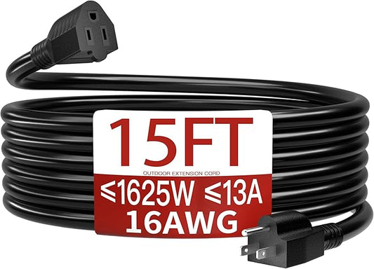 16/3 13A 125V 1625W 15 FT Outdoor Extension Cord Waterproof, Weatherproof & Flame Retardant Black 3 Prong Power Cord Outside for Lawn & Garden,125 VAC 16AWG SJTW, ETL Listed