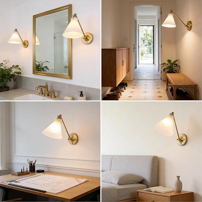 Industrial Vintage Slope Pole Wall Mount Single Sconce with Funnel Flared Clear Glass Shade, Swing Arm Wall Sconce Light Lamp Fixture Hardwired