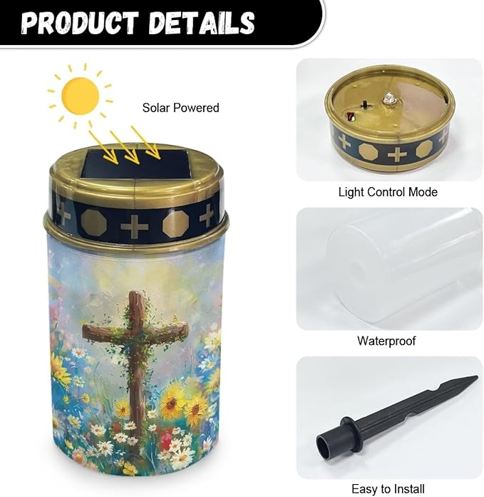 Light for Prayer Cemetery Solar Lights for Grave Cemetery Decor Candle Lamp Cross and Floral Grave Solar Lights Garden Cemetery Decor Memorial Gift