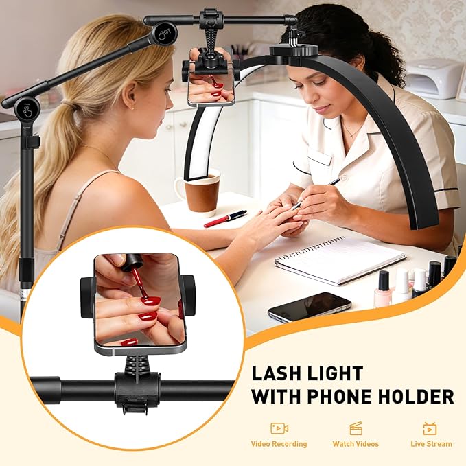 Half Moon Light for Eyelash Tech, 27.5” Ultra-Wide 45W Lash Light with 392 LEDs, Adjustable Height Esthetician Light with Phone Holder, Dimmable Tattoo & Nail Tech Lamp, Salon Lighting(Black