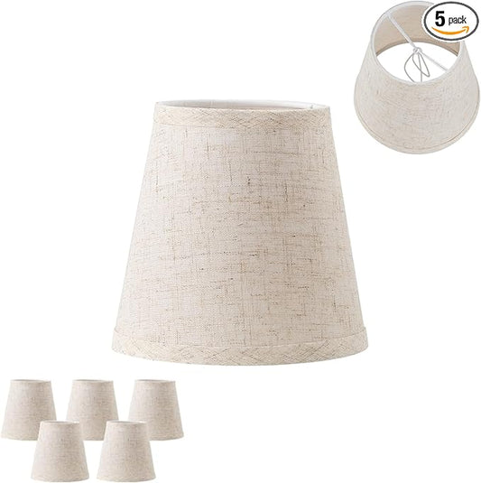 5 Pack Beige Chandelier Shades, 4" Top x 6" Bottom x 6" High Barrel Lamp Shade, 4.0x6.0x6.0 Inch Linen Fabric, Perfect Fit for 5-Light Pendant Light Wall Sconce, Clip On Bulb E12 Socket(Large Size)