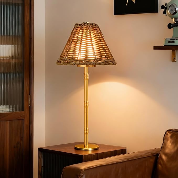Mr.White Rechargeable Cordless Table Lamp with Wicker Shade, 5200mAh Battery Operated Portable Table Light with Touch Control, for Patio Restaurant Kitchen Dinner (Gold)