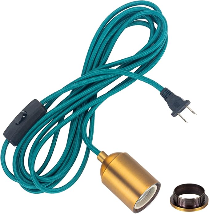 Pendant Light with Plug in Cord Rope Hanging Lamp Bulb Socket Teal Fabric Cloth Covered with Switch Fixture Braided Lighting Cords Industrial Porcelain Gold Holder DIY Retro Swag Lights Shade 15ft