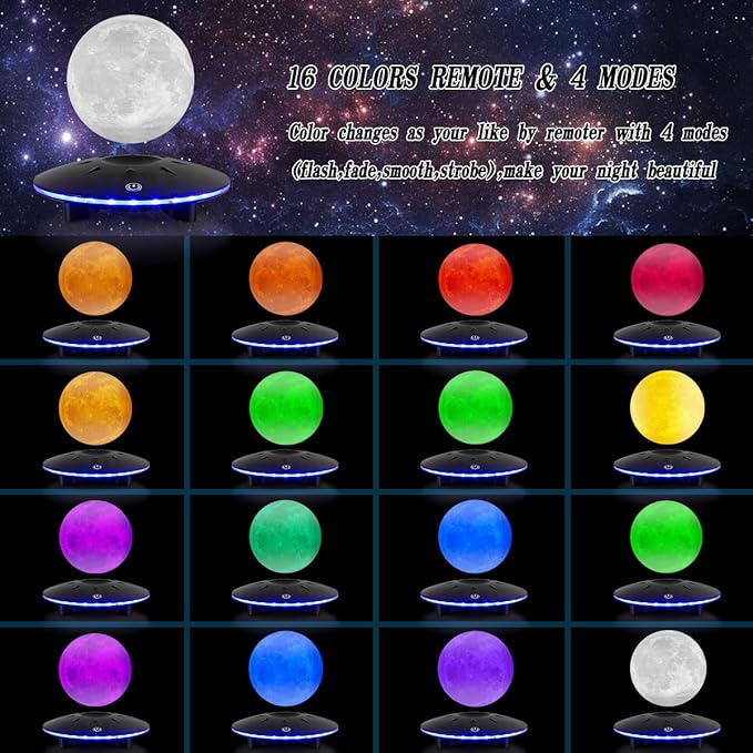 UVEHAS Levitating Moon Lamp - Magnetic Floating and Spinning 16 Colors LED Moon Light, Remote Control Levitation Rotating 3D Moon Night Light for Home Office Table Desk Decor Holiday Gifts