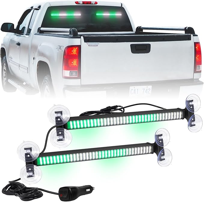 XRIDONSEN 2 in 1 Green White Emergency Strobe Traffic Advisor Light Bar 144 LED Warning Safety Interior Dash Windshield Lights Deck Split Mount for Volunteer Firefighter Vehicles Trucks (2x17.7 inch)