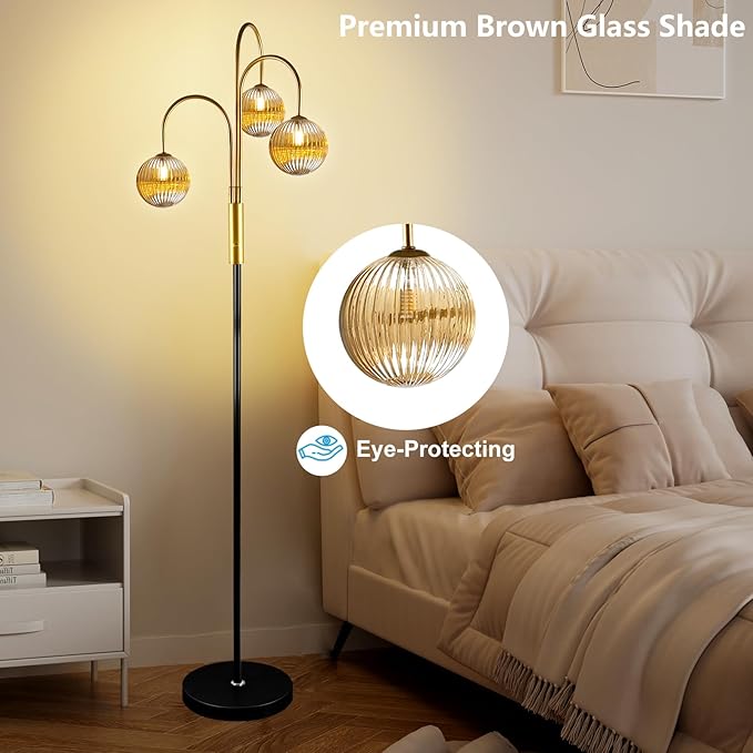 Lightdot 70IN Dimmable Floor Lamp for Living Room, 3 Light LED Tree Floor Lamps with Glass Globe Shade& Bulb Included, Mid Century Standing Tall Lamp for Bedroom/Sofa Beside/Corner Decor-Black&Gold