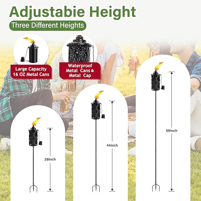 Citronella Torches for Outside Set of 6, 16 Oz Outdoor Torches with 3-Prong Grounded Stake, 59 Inch Metal Torch for Garden Décor, Outside Torches for Backyard, Garden, Patio (Black
