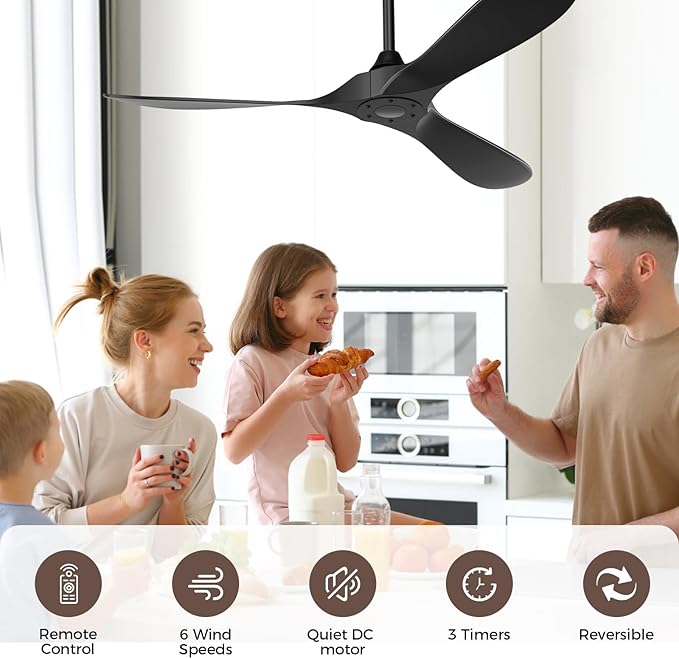 Black Ceiling Fan No Light, 52 in OutdoorCeiling Fans with Remote Control without Light, 3 Blades, 6 Speed Reversible DC Motor Modern for Patios, Kitchen, Bedroom, Porch (Black)