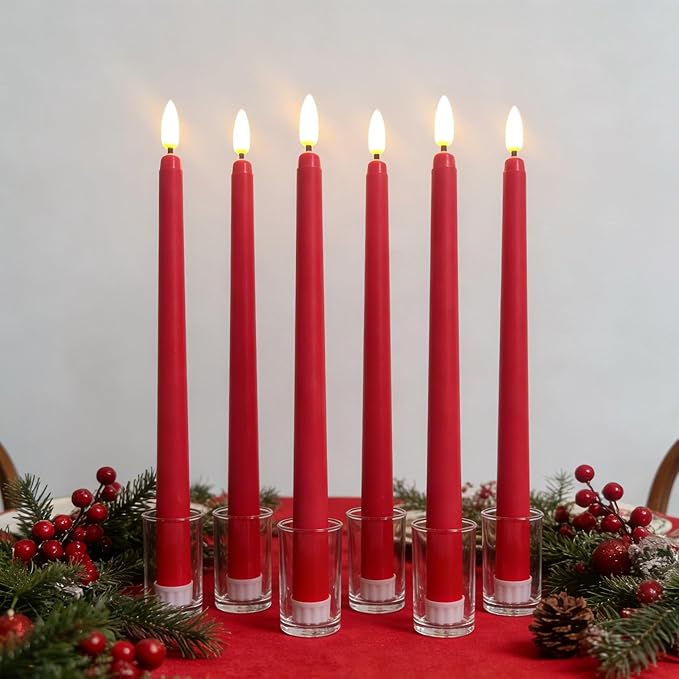 Red Flameless Taper Candles with Remote, Christmas LED Candlesticks Battery Powered Flickering Set of 6