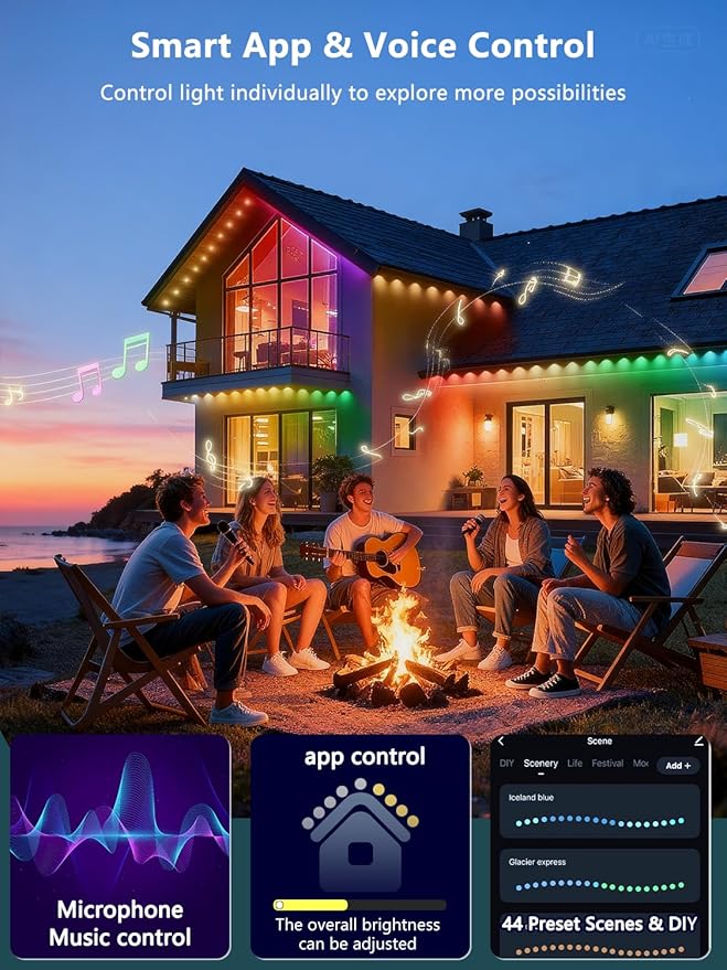 50FT Permanent Outdoor Lights Pro, RGBIC Smart Eave Lights with App/Remote Control, IP67 Waterproof, 44 Scene Modes with 40lm RGB for Outdoor Decorations, Christmas, Halloween