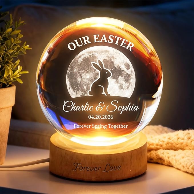 Personalized Our Easter Crystal Ball LED Night Light, Custom Couple Name Bunny Moon Glass Globe Lamp with Wooden Base, Romantic Easter Keepsake Gift for Him Her Anniversary Décor
