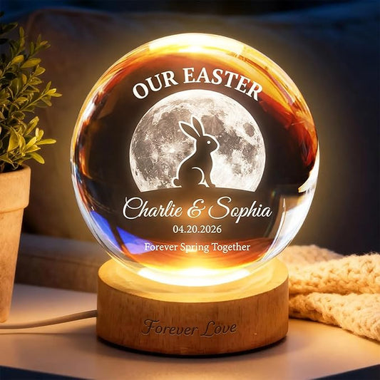 Personalized Our Easter Crystal Ball LED Night Light, Custom Couple Name Bunny Moon Glass Globe Lamp with Wooden Base, Romantic Easter Keepsake Gift for Him Her Anniversary Décor