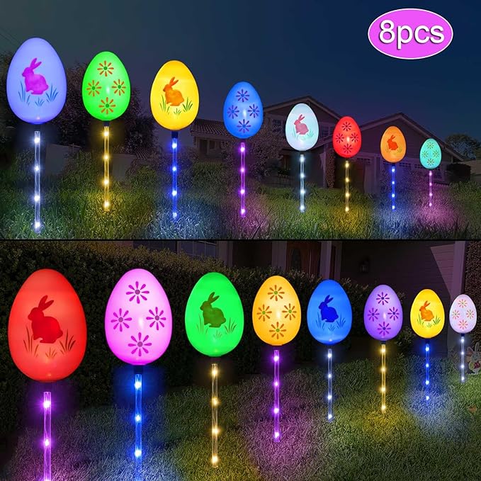 Upgraded 8-Pack Solar Easter Egg Stake Lights for Easter Decorations, Outdoor Waterproof Solar Easter Yard Stake Lighted Egg Lights for Garden Patio Yard Pathway Lawn Decor (Big Egg)