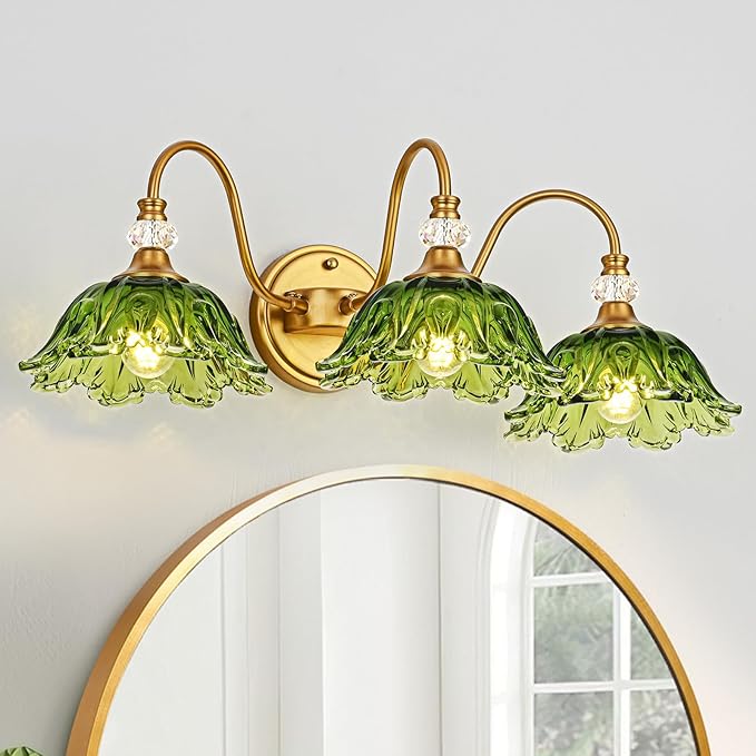 Vintage Bathroom Vanity Light, 3-Light Matte Brass Finish Vanity Light with Floral Green Glass Shades, Retro Wall Sconce for Bathroom, Dressing Table