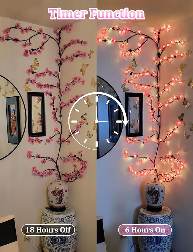 5.91 FT 96 LED Cherry Blossom Lights for Room Wall Decoration,Cherry Blossom Decor,2026 New Dimmable Light-Up Pink Bedroom Decor with Remote Timer,8 Lighting Modes
