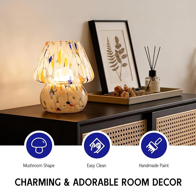 Cordless Mushroom Lamp-Modern Small Battery Operated Table Lamp with Timer for Home Decor,Aesthetic Glass Battery Powered Lamp for Bedroom/Kitchen/Living Room/Shelf Decor(White&Blue)