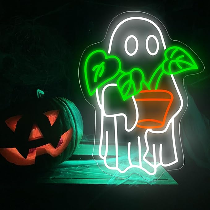 Ghost Holding Plant Neon Sign – LED Wall Light Featuring a Cute Spirit with Green Potted Plant, USB Powered Light for Bedroom, Plant Corner, or Halloween Decor 16.5″ × 12.2″
