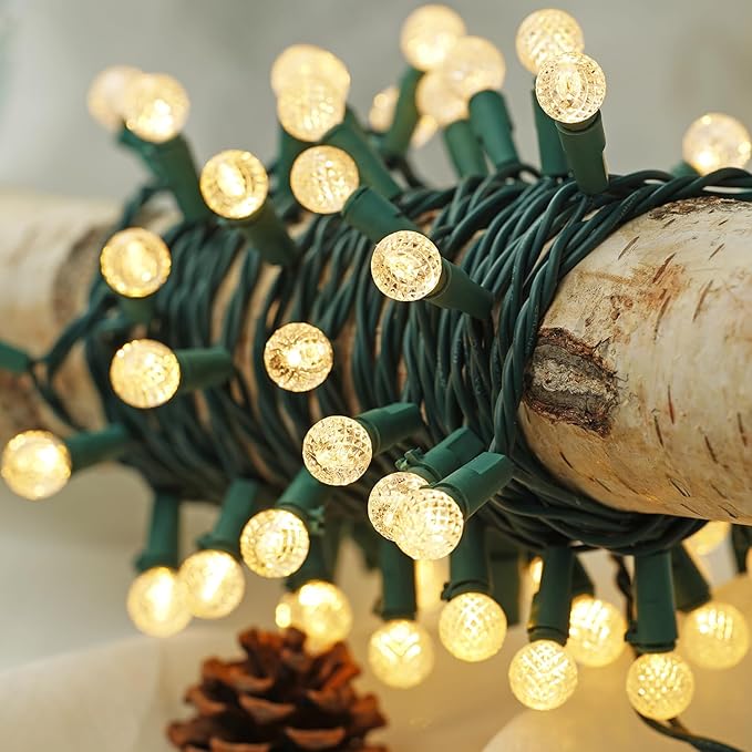 BOHON Christmas Lights Outdoor Faceted G15 50 LED 17ft Plug in Mini Globe String Lights Waterproof Extendable Green Wire for Indoor Patio Xmas Thanksgiving Tree Decoration Warm White