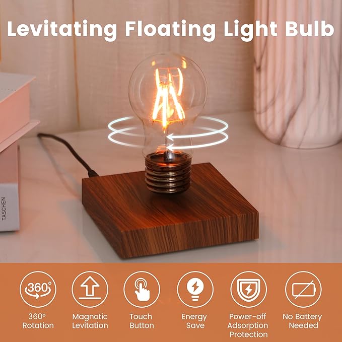 Levitating Lamp,Floating Light Bulb,Magnetic Levitating LED Desk Lamp for Unique Gifts,360 Degre Rotating Night light,Levitating Cool lamps for Home & Office,Birthday Christmas gift,Square Wooden Base