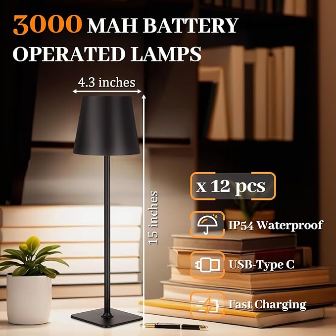 Retisee 12 Pack Rechargeable Cordless LED Table Lamps Black 3000mAh Battery Operated Table Light 3-color Stepless Dimming Portable Desk Lamps for Restaurant Coffee Bars Camping Bedrooms Indoor Outdoor