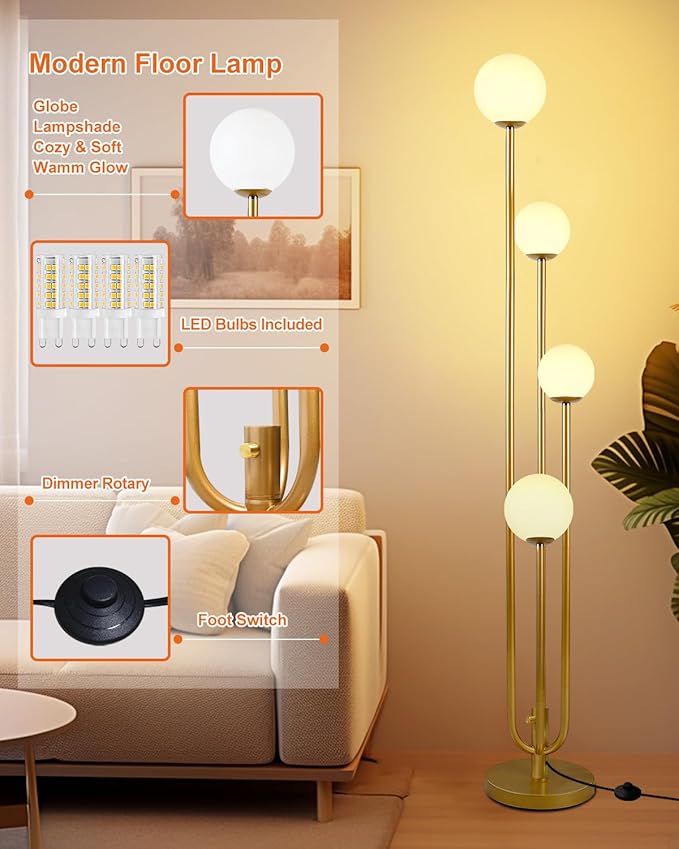 Lightdot Gold Globe Floor Lamp 4-Lights Dimmable Floor Lamps with 3000K Bulbs Included Unique Mid Century Modern Tall Standing Lamp for Living Room/Bedroom/Sofa Beside/Corner Decor