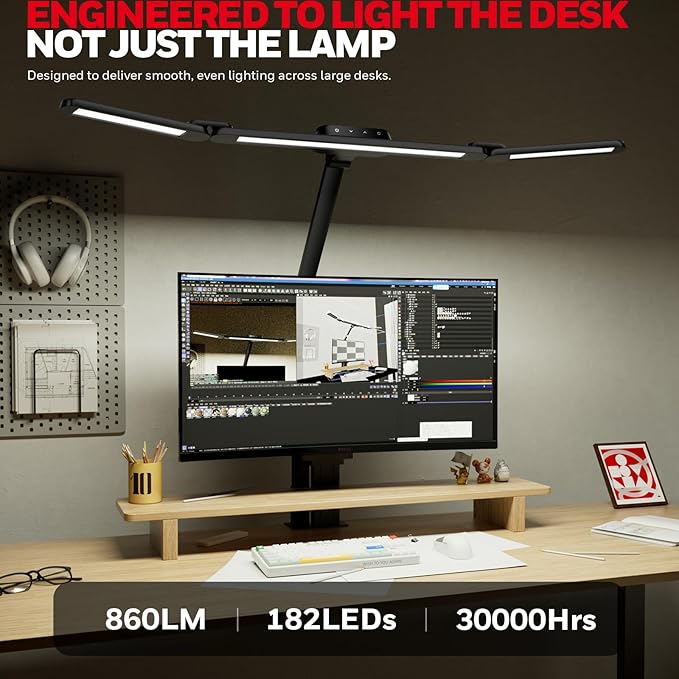 Honeywell Wide Desk Lamp with Clamp for Dual Monitors,22W Full-Spectrum Eye-Caring LED Light Bar for Home Office, 3-Section Adjustable Design with Stepless Dimming