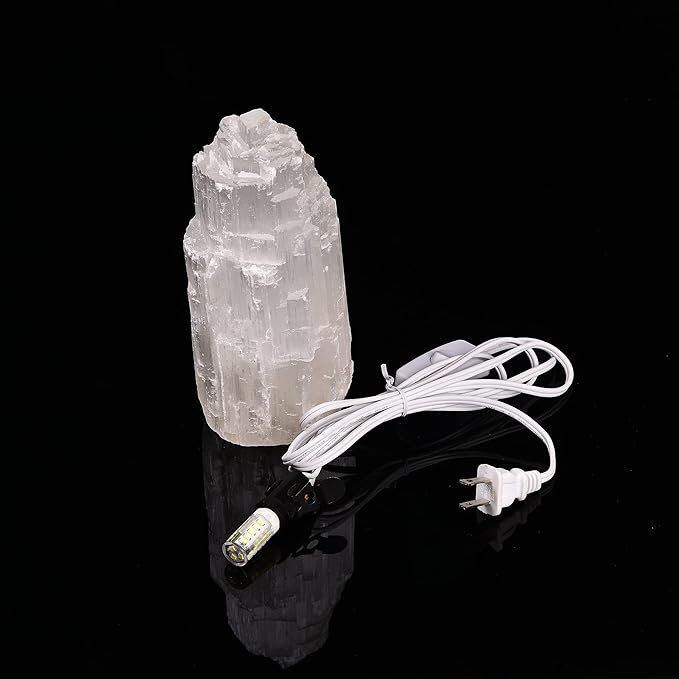 AMOYSTONE 8" Natural Selenite Crystal Lamp White Gemstones Skyscraper Tower Healing Lights Small, Include Led Bulb Switch