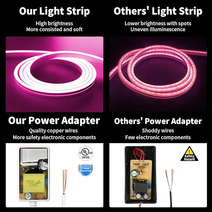 iNextStation 12V Pink LED Strip Lights 16.4FT, Flexible Silicone Neon Rope Light with Power Adapter, Waterproof, Cuttable, Dimmable & Linkable, LED Lights Strip for Bedroom, Kitchen(with Plug)