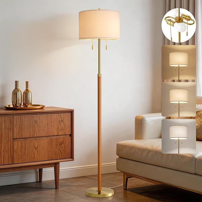 61" Wood Floor Lamp for Living Room 2-Light Standing Tall Lamps Mid Century Modern Floor Lamps for Bedroom Office Nursery Corner Industrial Reading Room Lamp, 3 Color Temperatures 9W Bulbs Included