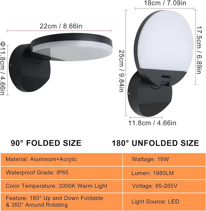 Outdoor Wall Light, 18W 1980LM Black Aluminum Outdoor Lights IP65 Waterproof Rotatable Sconce Lighting, LED Porch Lights 3000K Foldable Patio Wall Light Fixture for House Garage Round