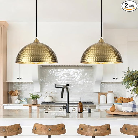 Gold Pendant Lights Kitchen Island 2 Pack, 12 Inch Hammered Dome Pendant Light, Farmhouse Kitchen Pendant Lights, Industrial Hammered Pendant Light for Kitchen, Dining Room, Barn