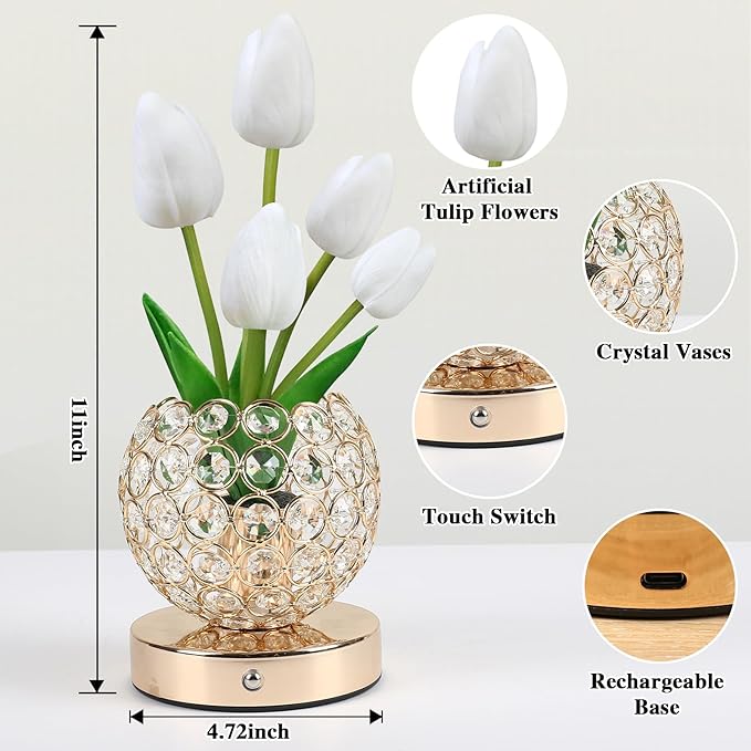 Birthday Gifts for Women/Mom Table Lamp, 3 Color Crystal Flower Bedside Lamps Infinitely Dimming with USB Charge Small Night Light,Nightstand Touch Lamp for Bedroom (A-White)