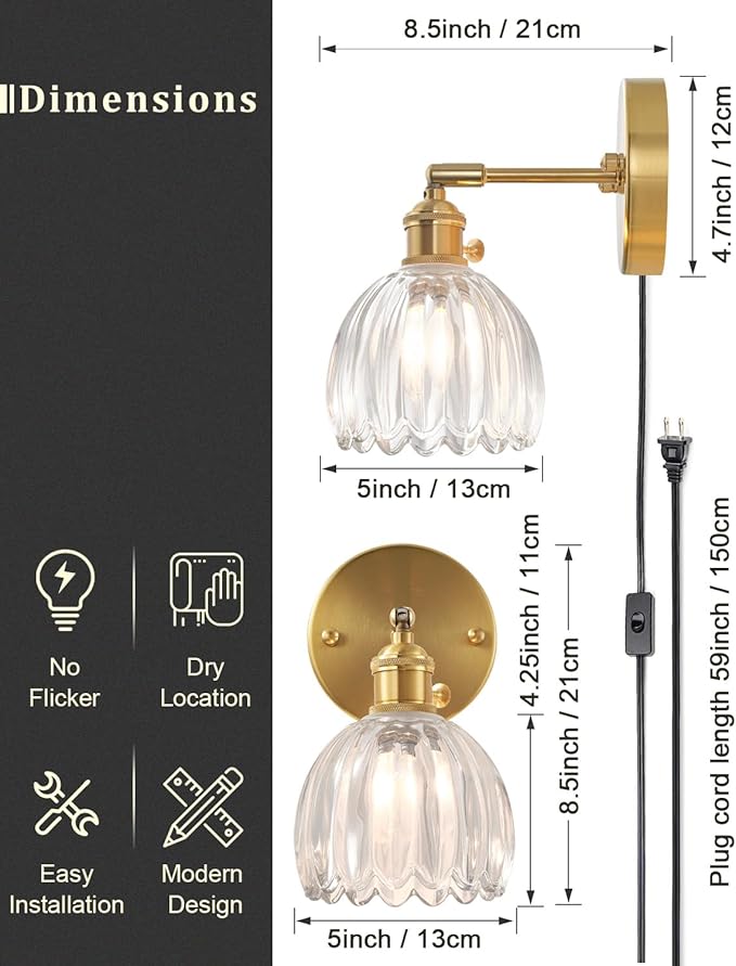 Plug in and Hardwired Wall Sconces, Luxury Vintage Tulip Crystal Glass Shade Wall Light with Switch for Bedside Bedroom Living Room (Tulip-Clear, 2)