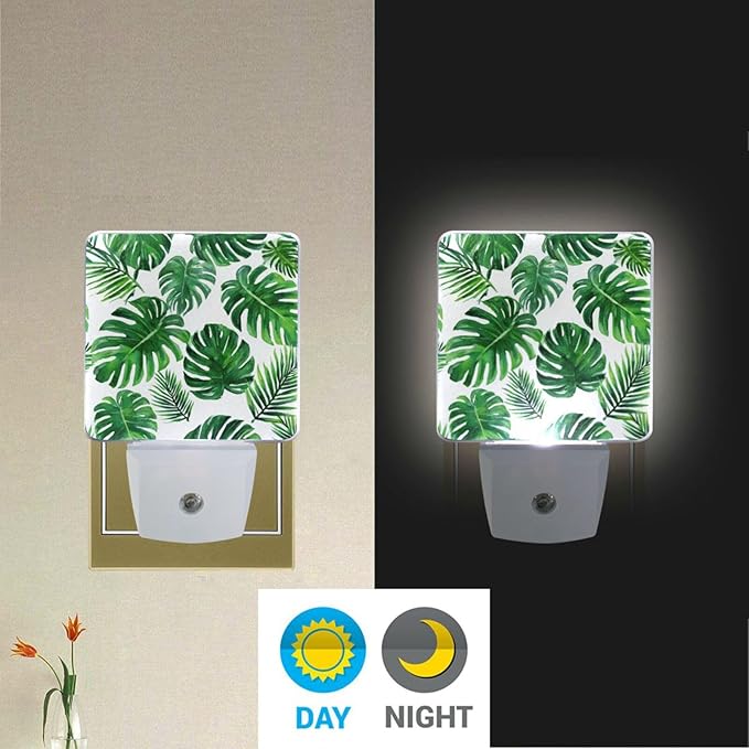 Vdsrup Summer Palm Leaves Night Light Set of 2 Tropical Jungle Plug-in LED Nightlights Auto Dusk-to-Dawn Sensor Lamp for Bedroom Bathroom Kitchen Hallway Stairs