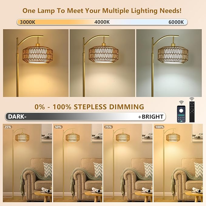 Arc Gold Floor Lamp with Remote and LED Bulb, Dimmable Floor Lamps for Living Room with Rattan and Fabric Shades, Boho Tall Lamp with 3 Color Temperatures, Corner Standing Lamps for Bedroom