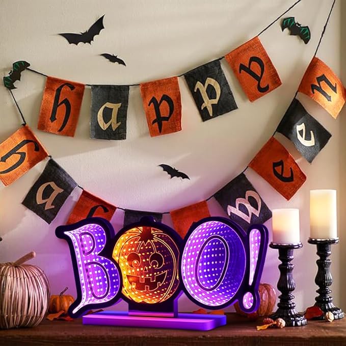 MEETYAMOR Halloween Decorations Indoor, BOO Pumpkin Infinity Mirror Tunnel Light for Halloween Decor, Night Lights with Endless Extension for Home Living Room Bedroom Mantel Table Centerpiece Lamp