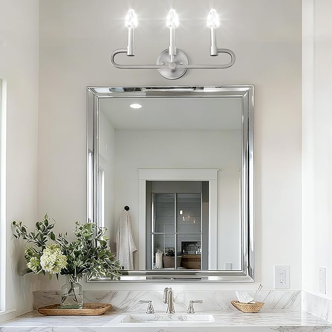 Farmhouse and Modern Bathroom Lighting Fixtures Over Mirror, 3 Light Brushed Nickel Bathroom Vanity Lights, Crystal Bathrooms Wall Sconces(Includes Bulb)