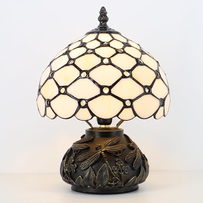 Small Tiffany Mushroom Table Lamp,Mini Memory Sympathy Antique lamp 8X11 Inch (Cream Bead)