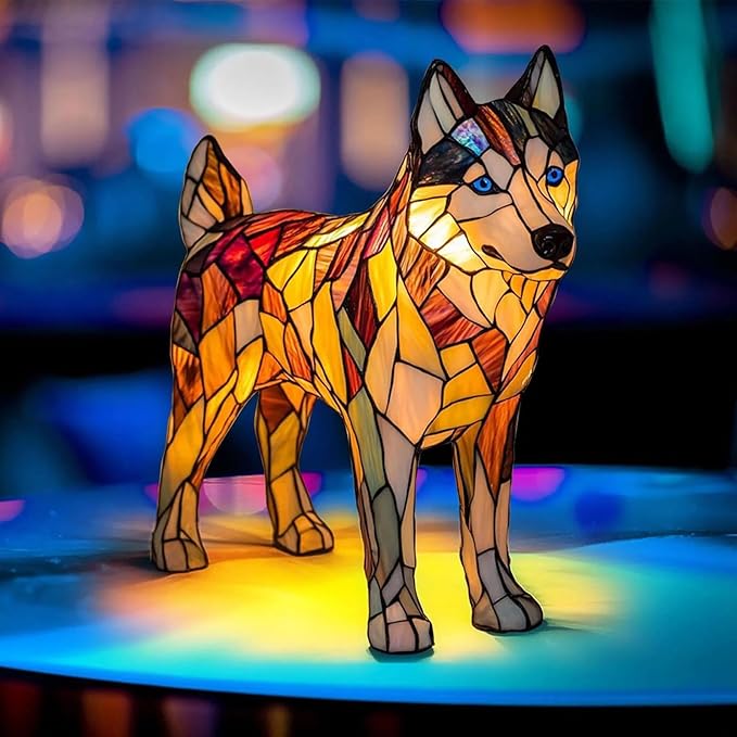 Rainbow Puppy Lamp Stained Glass Dog Night Light 3D Retro Stained Resin Rainbow Pup Lights Charge Powered Table Lamp Puppy Glow Lamps for Home Bedroom Desk (I)