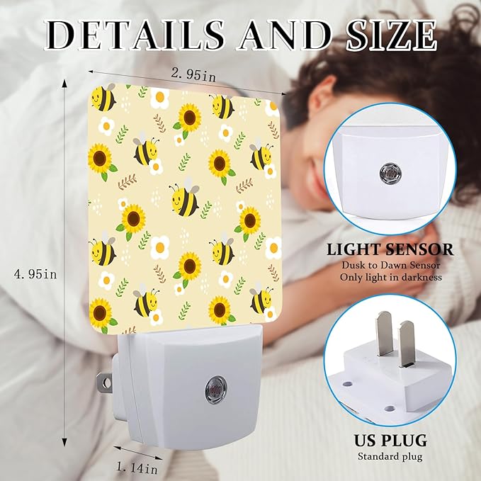 Cute Bee Sunflower Night Light, Plug-into Wall Nightlight Lamp with Dusk to Dawn Sensor, Led Lamp 0.5W Energy Efficient for Boys Girls Adults Home Decor