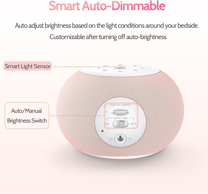 Reacher Auto Dimmable Sound Machine Alarm Clock with Night Lights, 20 Soothing Sounds, Sleep Timer, Precise Volume Control, Cute White Noise Soother for Girls, Kids, Bedrooms, Office