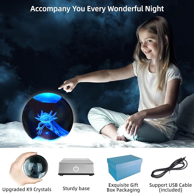 3D Axolotl Crystal Ball Night Light 3.15 inch Glass Ball Table Lamp with Color Changing Touch Base Decor Ideal Axolotls Gifts for Friends Kids Christmas Birthday