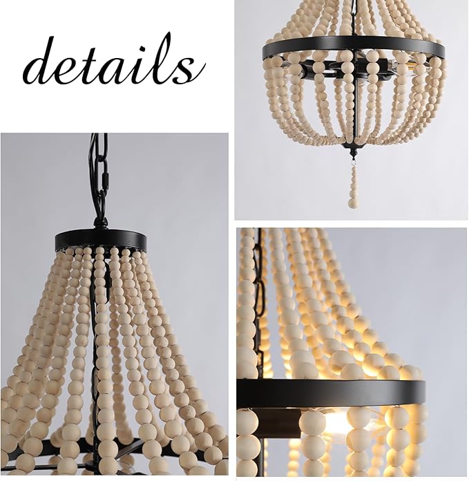 3-Light Plug in Chandelier Dimmable and Timer Mini Wood Beaded Bohemian Pendant Light Fixture with 16.4ft Swag Cord,Black Metal Finish Natural Color Beads,Dining Room,Living Room,Foyer,Bedroom…