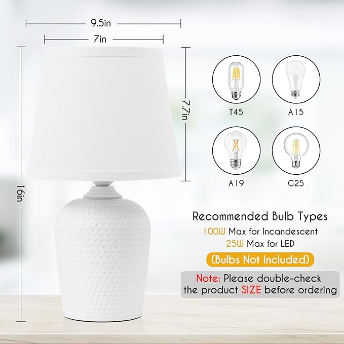 Sucolite 16'' Table Lamps Set of 2, Bedside Nightstand Lamps for Bedroom Kid’s Room, Cute Desk Lamps with Studded Texture Base for Reading Nursery Living Room Office, White