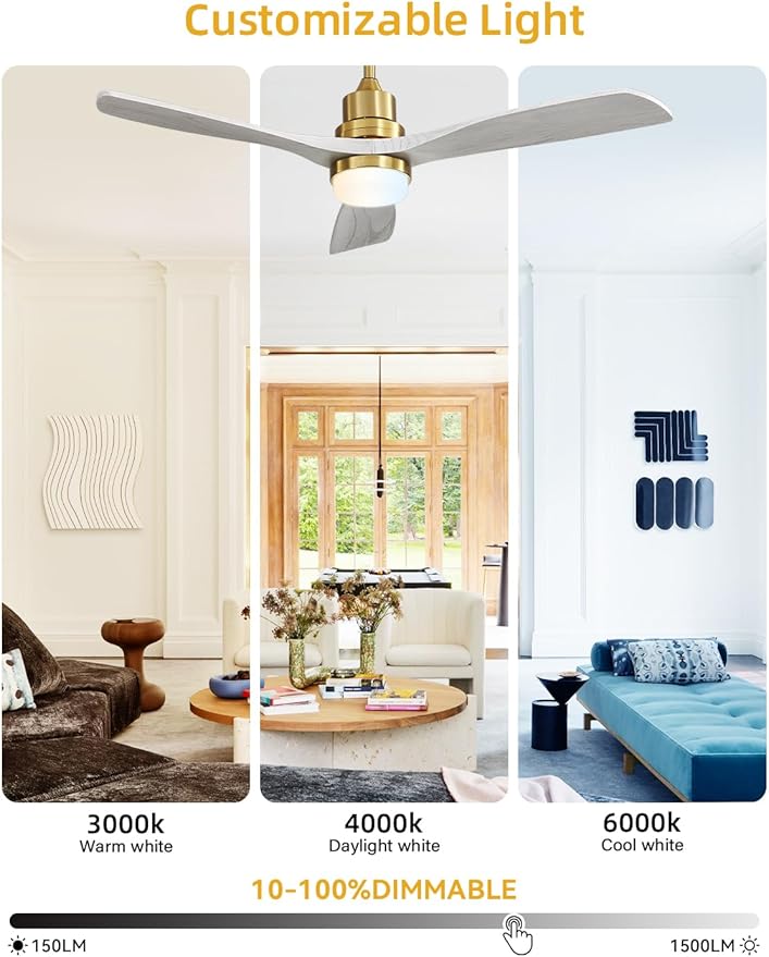 Sofucor 52 Inch Ceiling Fan with Lights and Remote Control-Modern Solid Wood Blade Ceiling Fan for Bedroom Living Room Indoor Outdoor Farmhouse Patio, Quiet DC Motor, Grey Gold